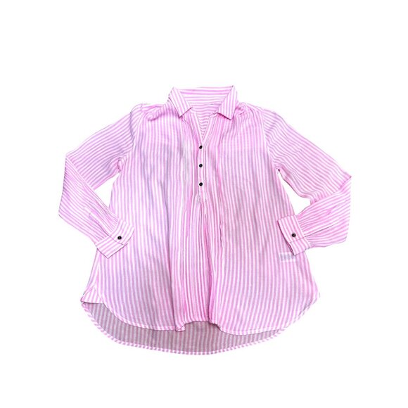 CCC Luxurious Cozy Fabrics Pink White Striped Long Sleeve Button Down Shirt Med - Picture 7 of 8